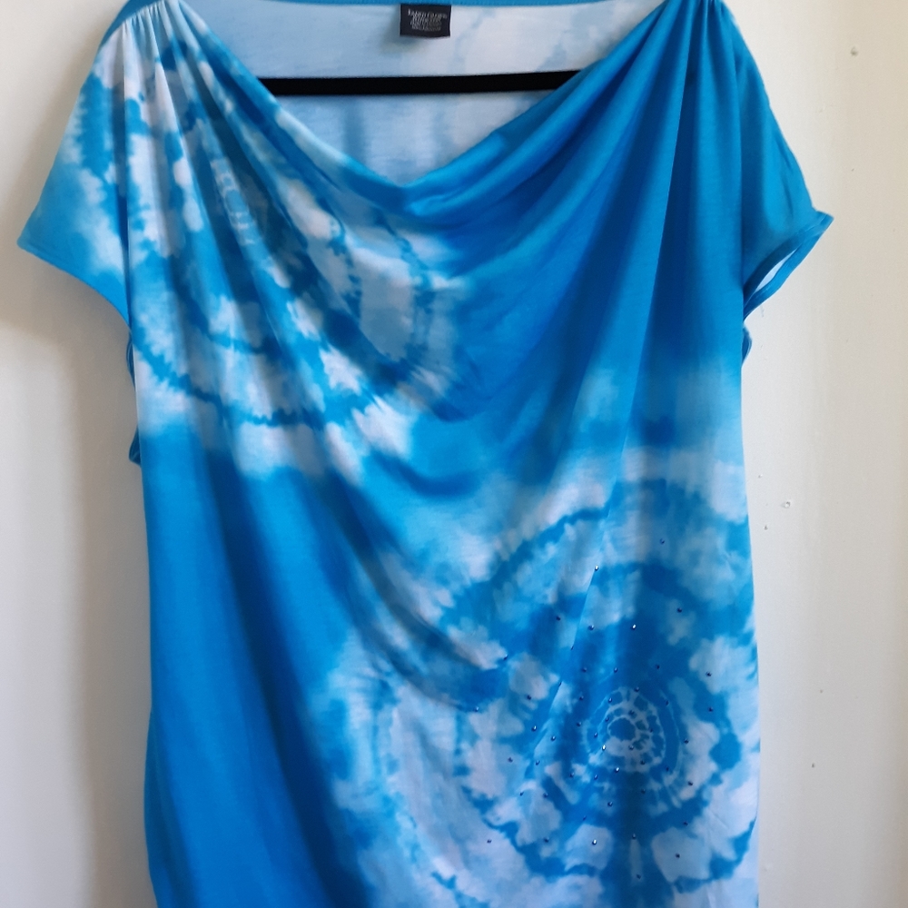 Faded Glory Sky Blue Tie Dye + Rhinestone Cowl Tee